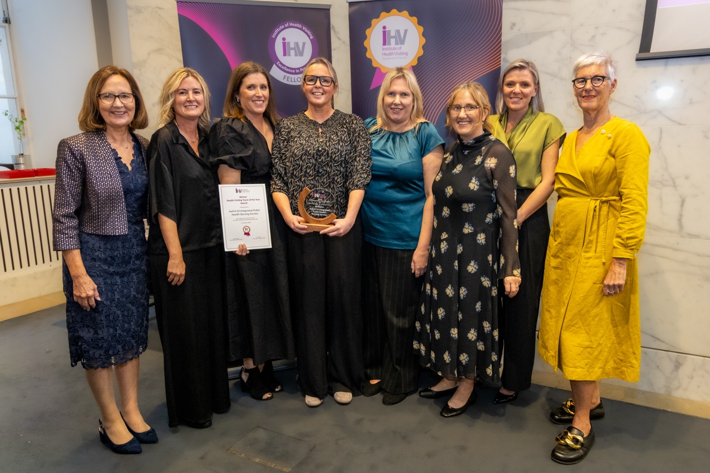 iHV Health Visitor Team of the Year 2026 awarded to the Hull 0-19 Health Team from Humber Teaching NHS Foundation Trust – with Alison Morton OBE, iHV CEO, and Sue Tokley, iHV Chair