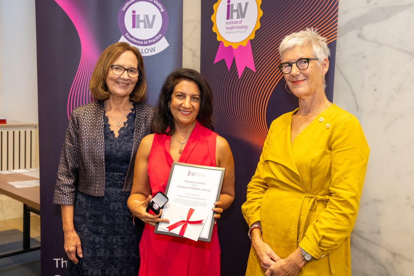 Professor Monica Lakhanpaul, iHV Honorary Fellow – with Alison Morton OBE, iHV CEO ,and Sue Tokley, iHV Chair