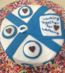 "Working together for Wellbeing" cake at County Durham Health and Wellbeing event