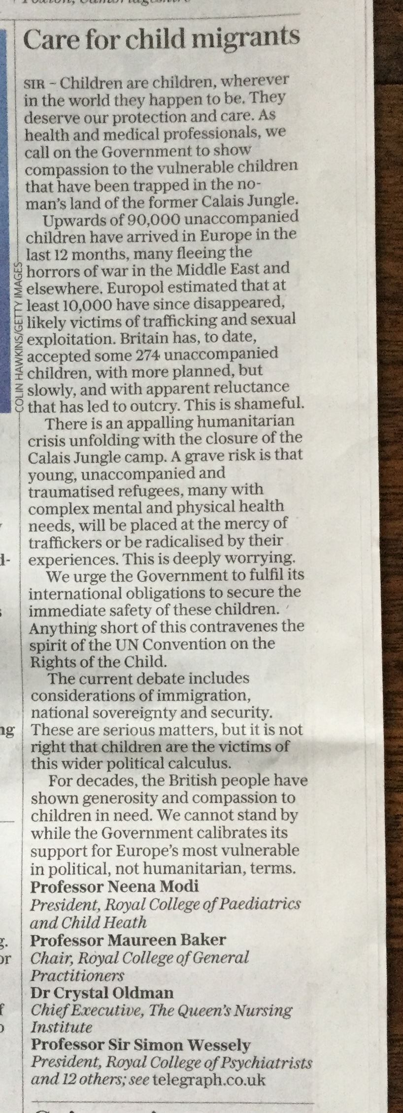 Letter published in the Daily Telegraph 4/11/16